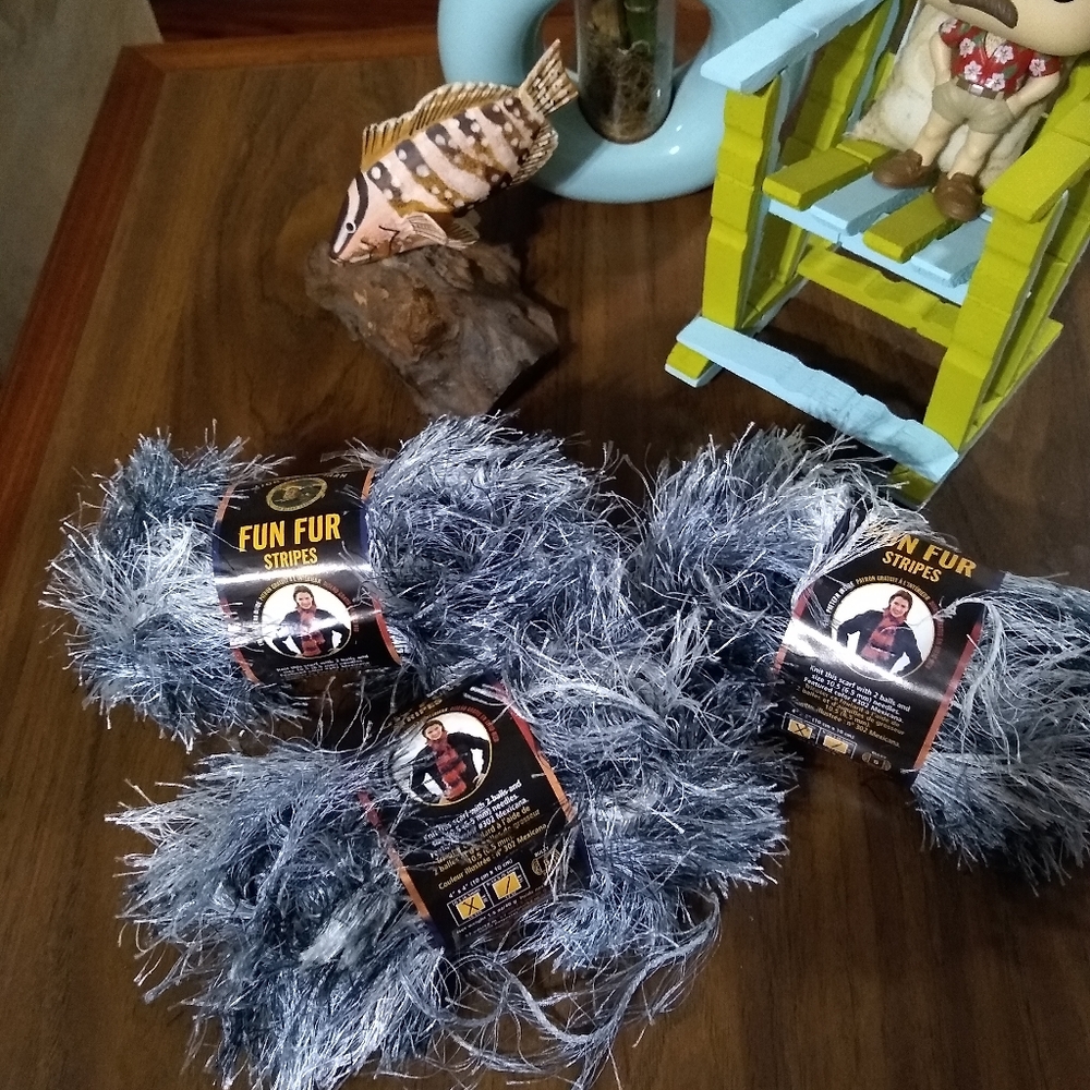 3 Skeins Lion Brand Fun Fur Stripes Night Sky. Net Weight 1.5 oz. 57 yards.